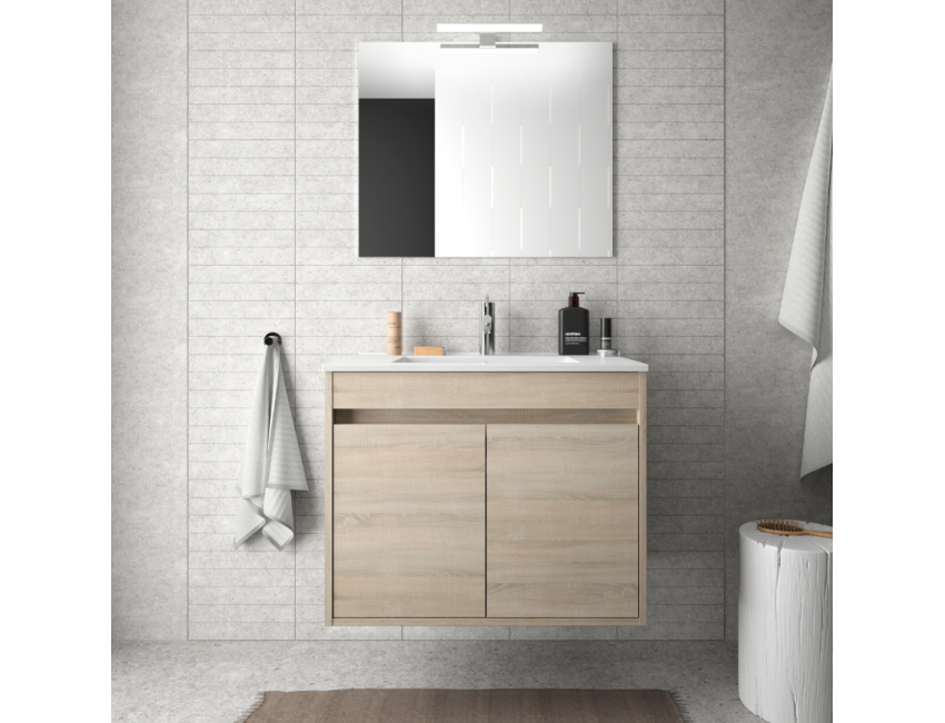 Mobile bagno sospeso 70 cm in legno laccato Bianco lucido con lavabo in porcellana e due ante