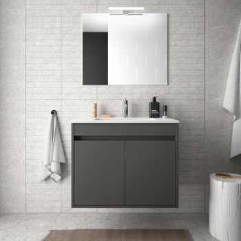 Mobile bagno sospeso 70 cm in legno laccato Bianco lucido con lavabo in porcellana e due ante