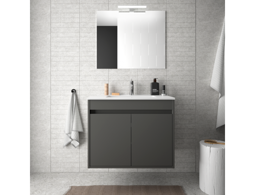 Mobile bagno sospeso 70 cm in legno laccato Bianco lucido con lavabo in porcellana e due ante