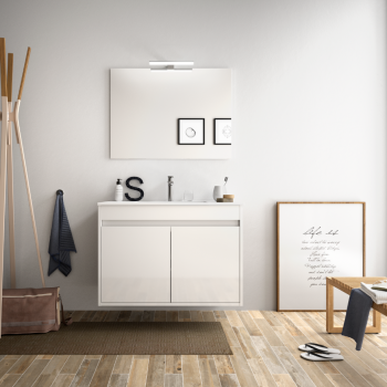 Badezimmer Badmöbel 70 cm aus glänzend weiß lackiertem Holz mit Porzellan Waschtisch und zwei Türen