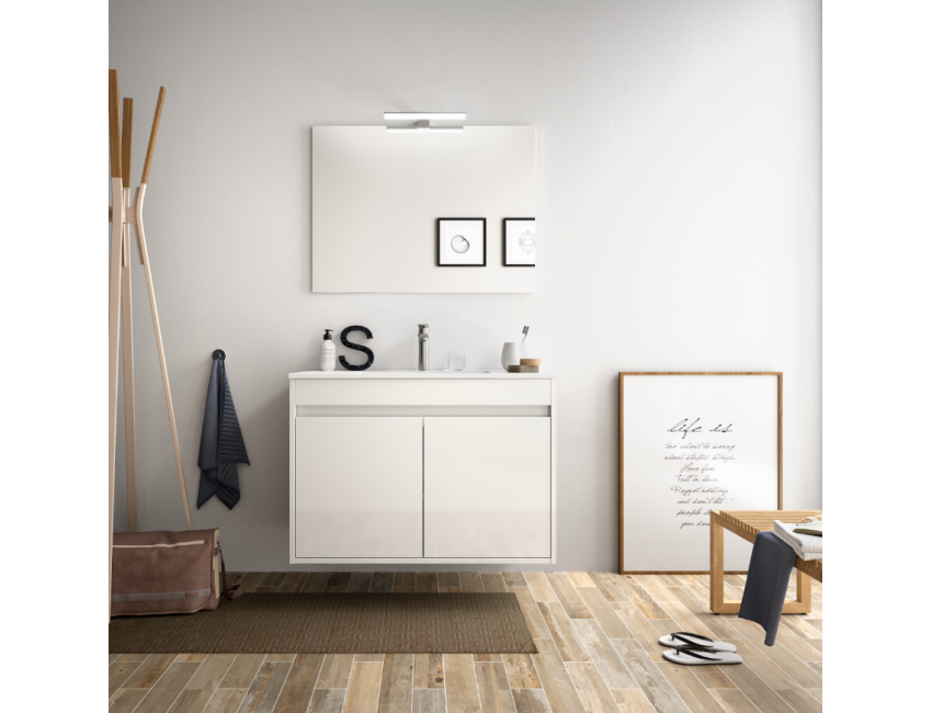 Badezimmer Badmöbel 70 cm aus glänzend weiß lackiertem Holz mit Porzellan Waschtisch und zwei Türen