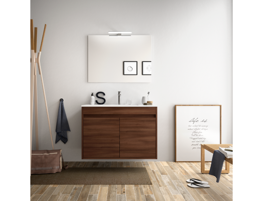 Badezimmer Badmöbel 70 cm aus glänzend weiß lackiertem Holz mit Porzellan Waschtisch und zwei Türen