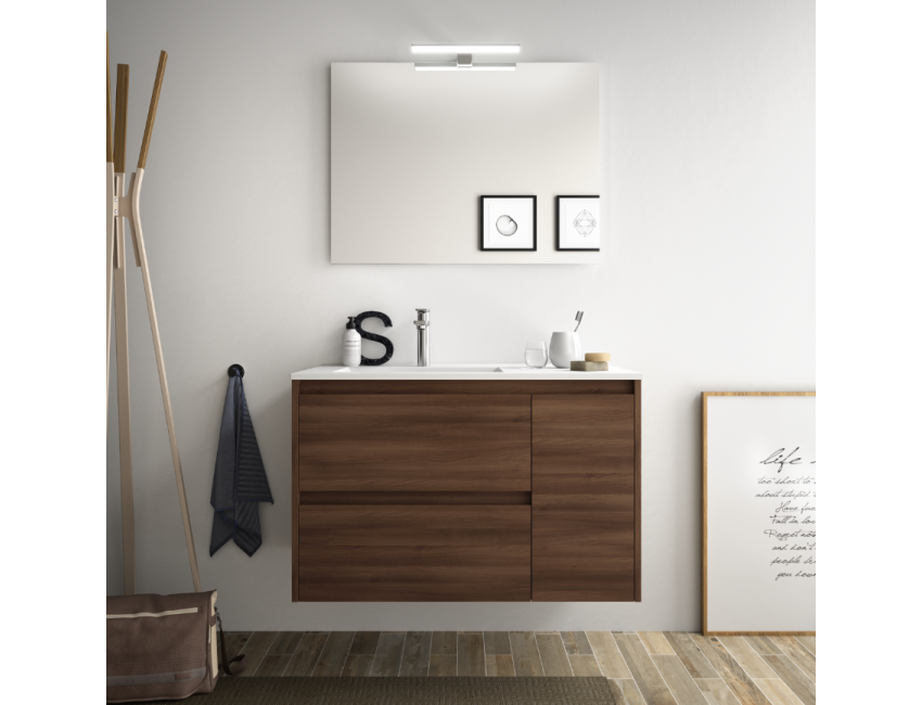 Mobile bagno sospeso 85 cm in legno marrone Acacia con lavabo in porcellana