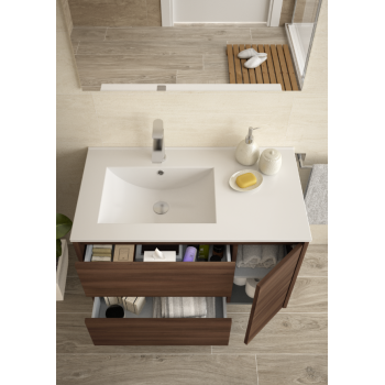 Mobile bagno sospeso 85 cm in legno marrone Acacia con lavabo in porcellana