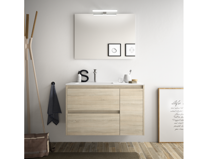 Mobile bagno sospeso 85 cm in legno marrone Caledonia con lavabo in porcellana