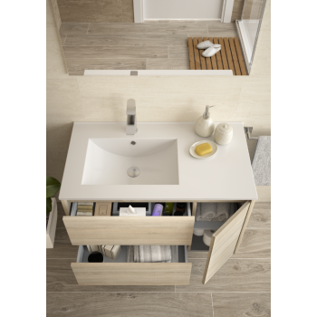 Mobile bagno sospeso 85 cm in legno marrone Caledonia con lavabo in porcellana