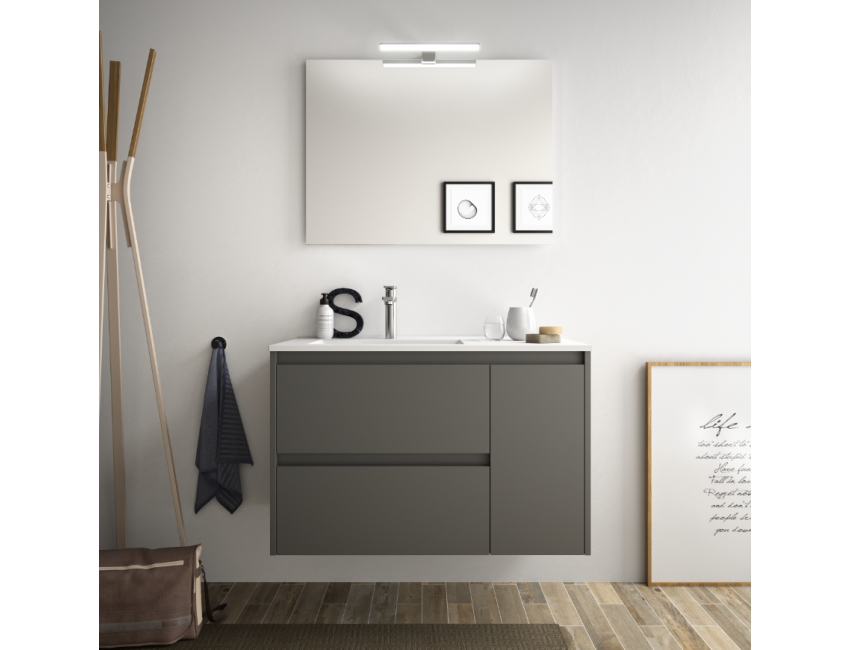 Mobile bagno sospeso 85 cm in legno marrone Caledonia con lavabo in porcellana
