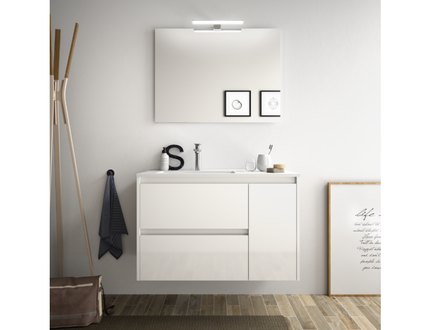 Mobile bagno sospeso 85 cm in legno marrone Caledonia con lavabo in porcellana