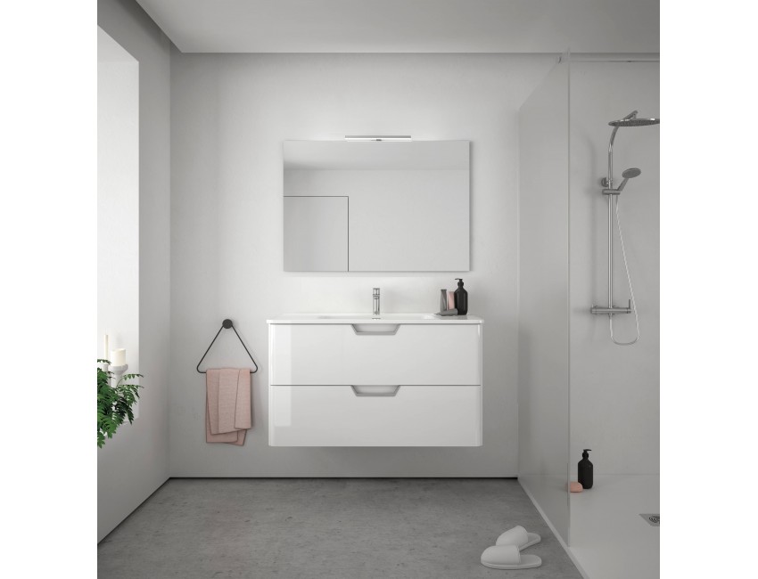Mobile bagno sospeso 80 cm in legno Bianco Lucido con Lavabo in ceramica