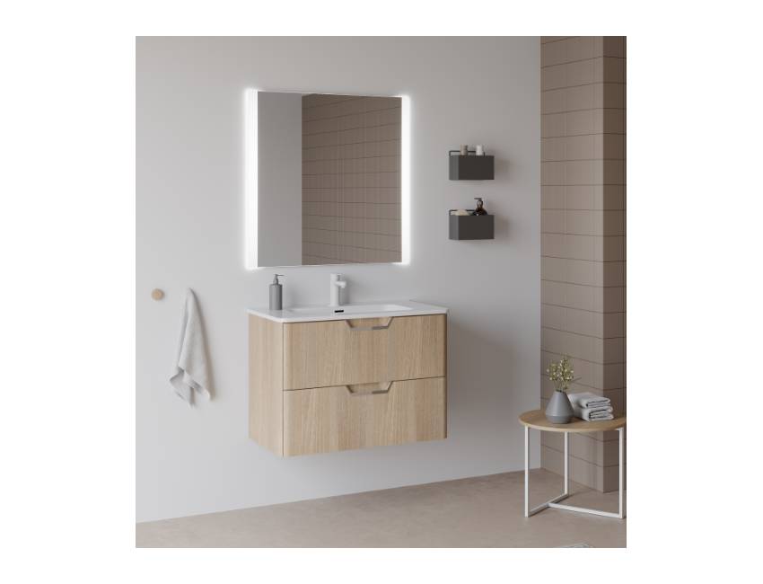 Mobile bagno sospeso 80 cm in legno Bianco Lucido con Lavabo in ceramica