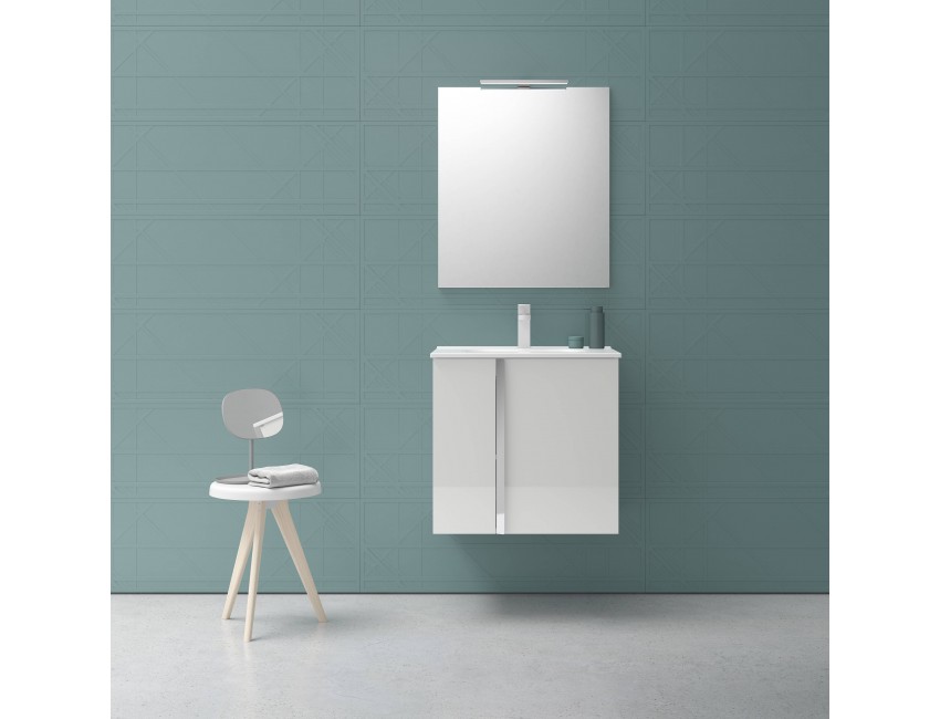Mobile bagno sospeso 60 cm in legno Bianco Lucido con Lavabo in ceramica