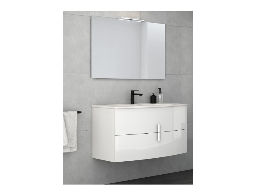 Mobile bagno sospeso 100 cm in legno laccato Bianco Lucido con Lavabo in ceramica
