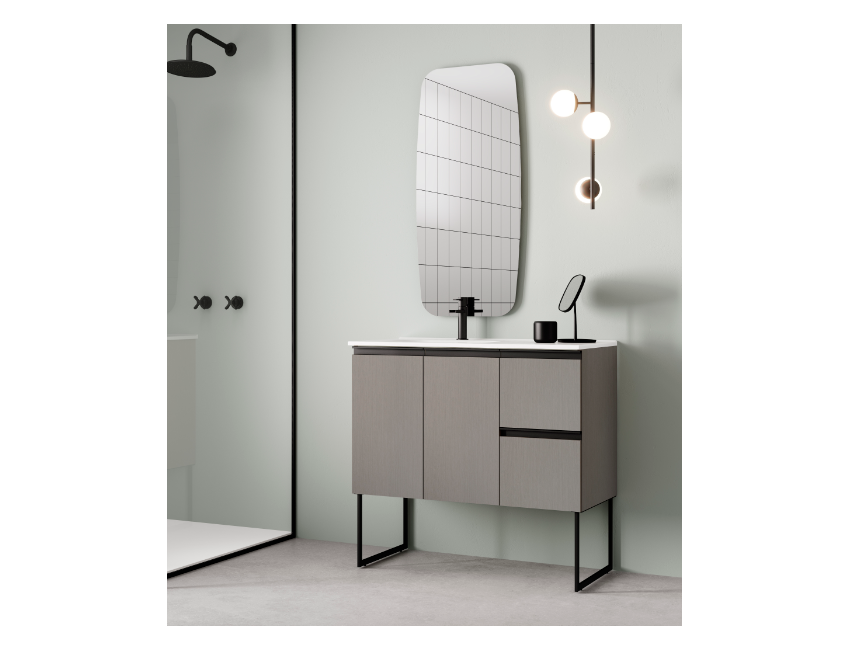 Badezimmer Badmöbel 80 cm aus Fumé sandgestrahlt Holz mit Keramik Waschtisch