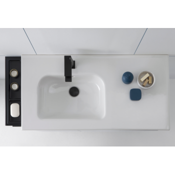 Badezimmer Badmöbel 80 cm aus Fumé sandgestrahlt Holz mit Keramik Waschtisch