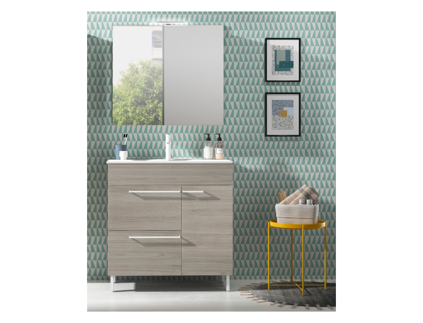 Badezimmer Badmöbel 90 cm aus Fumé sandgestrahlt Holz mit Keramik Waschtisch