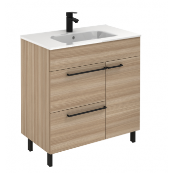 Badezimmer Badmöbel 90 cm aus Fumé sandgestrahlt Holz mit Keramik Waschtisch