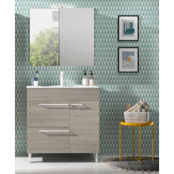 Mobile bagno a terra 80 cm in legno Grigio Sabbiato con Lavabo in ceramica