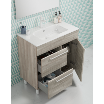 Badezimmer Badmöbel 90 cm aus Fumé sandgestrahlt Holz mit Keramik Waschtisch