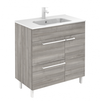 Badezimmer Badmöbel 90 cm aus Fumé sandgestrahlt Holz mit Keramik Waschtisch