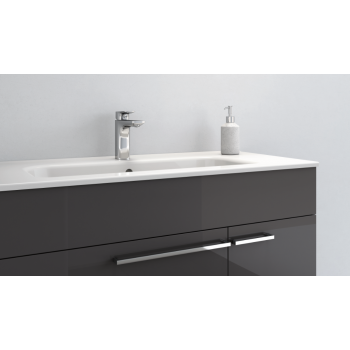 Badezimmer Badmöbel 90 cm aus Fumé sandgestrahlt Holz mit Keramik Waschtisch