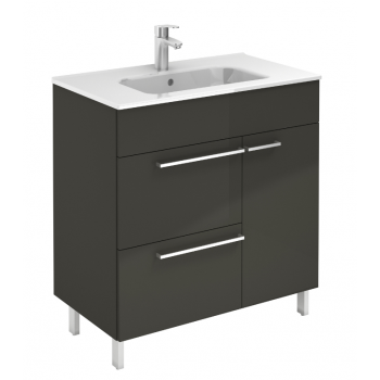 Badezimmer Badmöbel 90 cm aus Fumé sandgestrahlt Holz mit Keramik Waschtisch