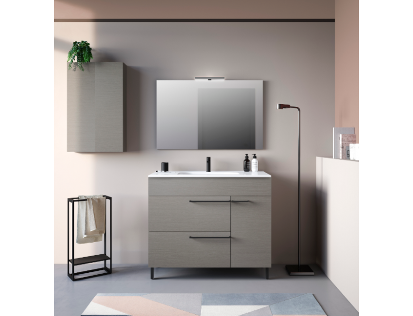 Mobile bagno a terra 80 cm in legno Fumé Sabbiato con Lavabo in ceramica