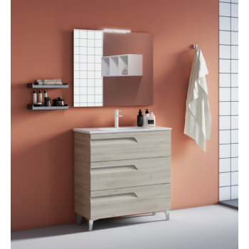 Badezimmer Badmöbel 80 cm aus Weiß Nature Holz mit Keramik Waschtisch