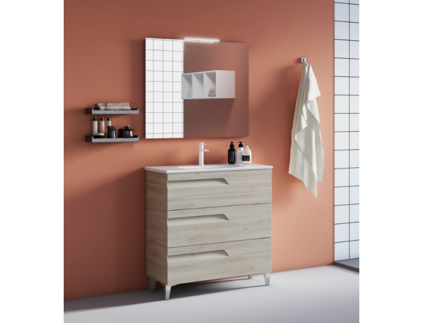 Badezimmer Badmöbel 80 cm aus Weiß Nature Holz mit Keramik Waschtisch