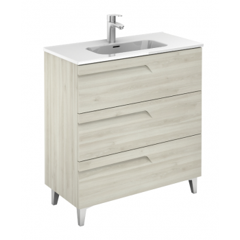 Badezimmer Badmöbel 80 cm aus Weiß Nature Holz mit Keramik Waschtisch