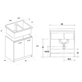 Lavatoio a doppia anta 80x60 cm con vasca termoplastica Montegrappa serie Marella