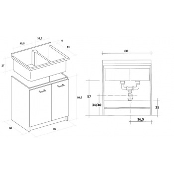 Waschraumschrank Montegrappa 80x60 cm mit doppelter thermoplastischer Badewanne Marella