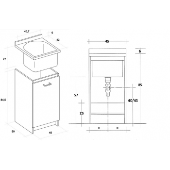 Mobile Lavatoio 45x50 cm con cerniere a destra e vasca in termoplastico serie Giove