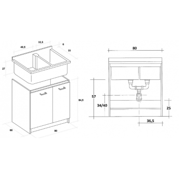 Mobile Lavatoio Montegrappa 80x60 cm con doppia vasca termoplastica e due ante serie Marella