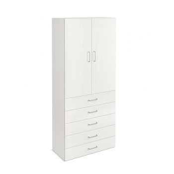 Armadio 183 cm Bianco frassinato con due ante e cinque cassetti
