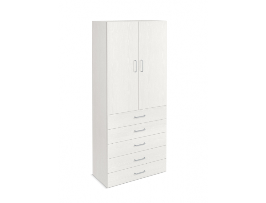 Armadio 183 cm Bianco frassinato con due ante e cinque cassetti