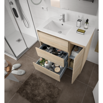 Mobile bagno a terra 85 cm in legno grigio opaco con lavabo in porcellana