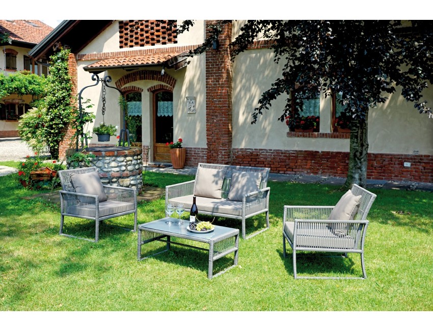 SET VILLASIMIUS POLTRONE DIVANO TAVOLINO CUSCINI ESTERNO GIARDINO FERRO