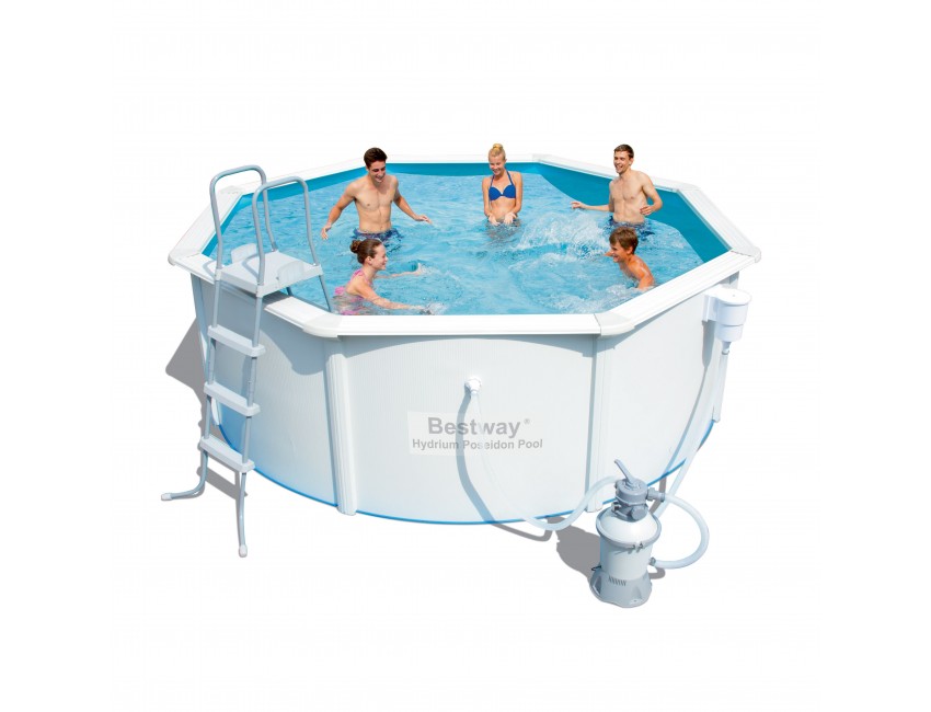 PISCINA TONDA FUORITERRA PARETI ACCIAIO POMPA SCALETTA ESTERNO GIARDINO